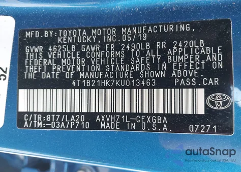 2019 Toyota Camry Hybrid Xle z USA, uszkodzony, nr VIN 4T1B21HK7KU013463